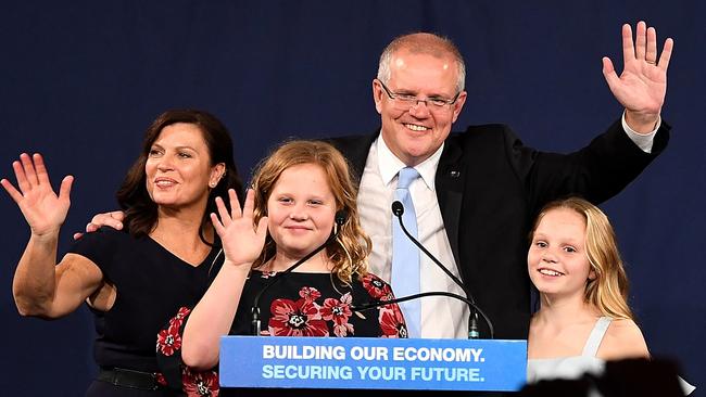 Prime Minister Scott Morrison took a moment after his win with his wife Jenny and daughters Abbey and Lily to celebrate where he calls home. Picture: AAP/Dean Lewins