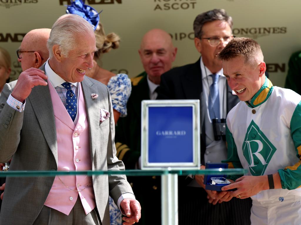 King Charles was all smiles as he gave out prizes at Ascot. Picture: Getty Images for Ascot Racecourse