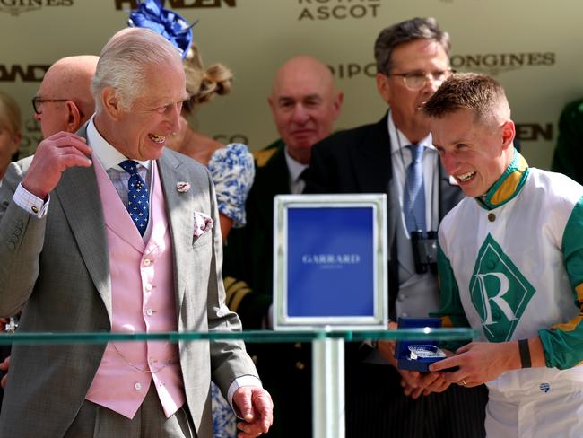 King Charles was all smiles as he gave out prizes at Ascot. Picture: Getty Images for Ascot Racecourse