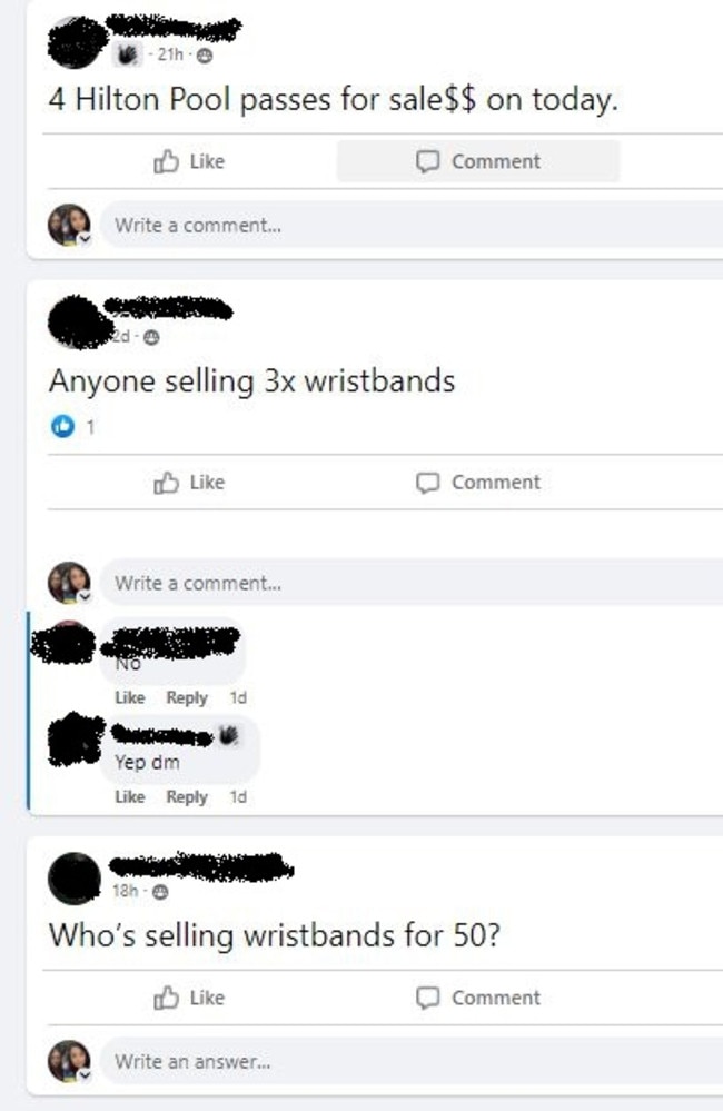 People buying and selling schoolies wristbands on Facebook community groups.