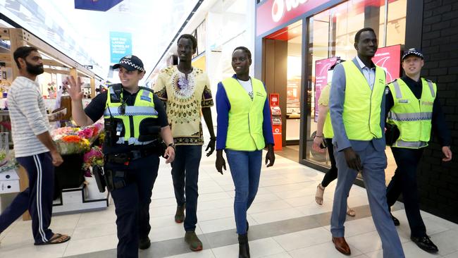 Victoria Police officers and African-Australian community leaders patrolling Tarneit Central Shopping Centre in January. Picture: David Geraghty/The Australian