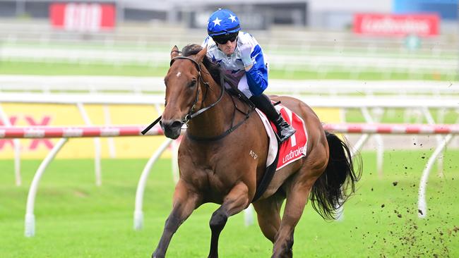 Hidden Wealth scores the Group 3 George Moore Stakes at Doomben in dominant fashion for trainer Tony Gollan and jockey Kyle Wilson-Taylor. Picture: Grant Peters, Trackside Photography.