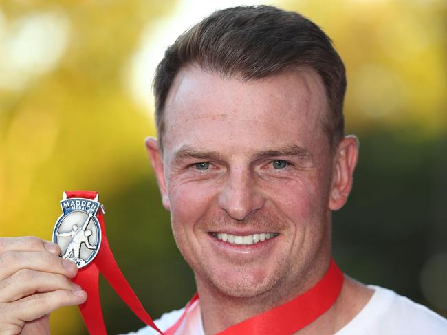 MELBOURNE, AUSTRALIA - MARCH 05: Brendon Goddard poses with the 2018 Madden Medal during the AFL Players Association 2019 AFL Season Launch at Mountain Goat Brewery on March 05, 2019 in Melbourne, Australia. (Photo by Scott Barbour/Getty Images)