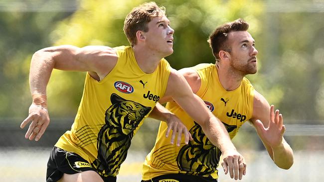 Tom Lynch and Noah Balta compete for the ball at training. Picture: Quinn Rooney/Getty