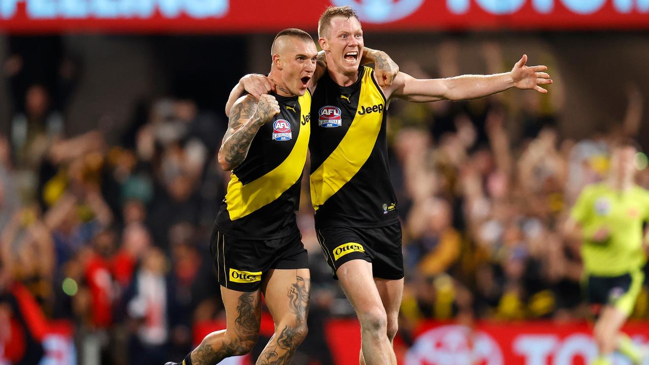 Dustin Martin and Jack Riewoldt celebrate after the final siren. Photo: Michael Willson/AFL Photos via Getty Images.