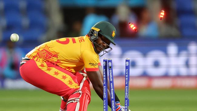 Zimbabwe's Luke Jongwe is bowled out. Picture: David Gray/AFP