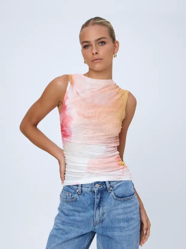 HIGH NECK PRINT RUCHED MESH TOP. Picture: Glassons.