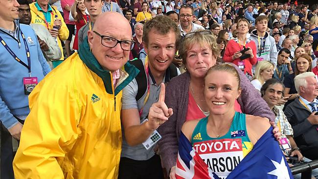 Pearson celebrates with (from left) Robert Joske, husband Kieran and mother Anne McLellan after winning gold in the Women's 100 metres hurdles at the IAAF World Athletics Championships. Pic from Robert Joske twitter @RobertJoske