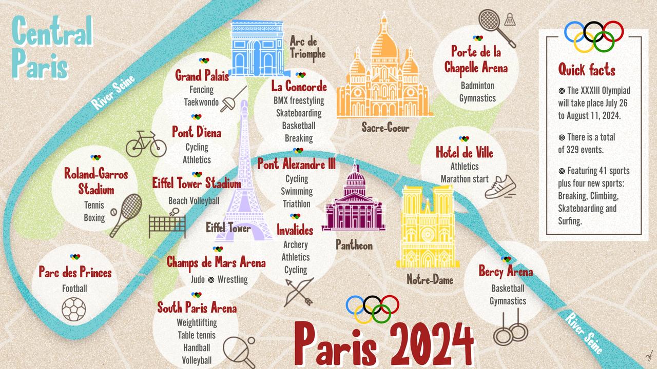 Map of Paris 2024: Olympic sports being played in the French capital. Picture: Abi Fraser