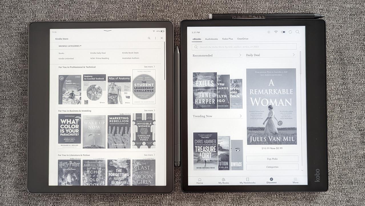 Kindle Scribe (left) and Kobo Elipsa 2E (right). Picture: Lauren Chaplin/news.com.au