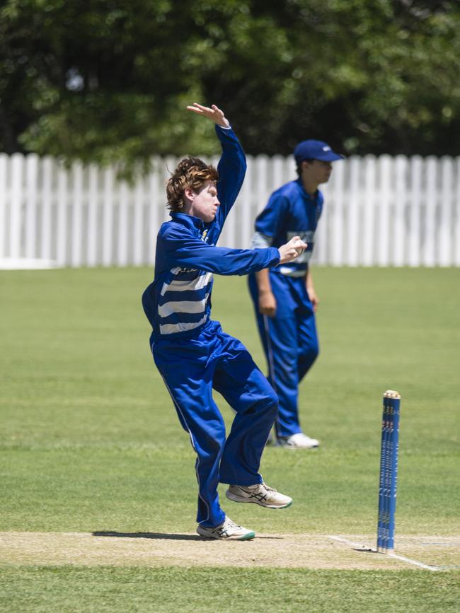 Henry Keating bowls for St Peter’s College against St Kevin’s College.