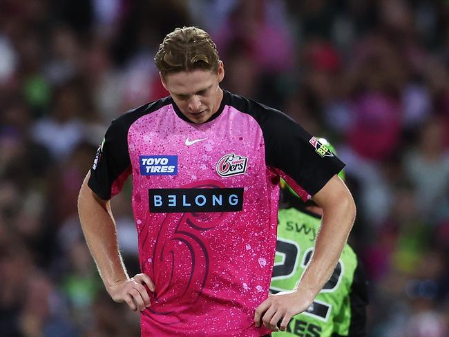 Jack Edwards reacts to the controversial Matthew Gilkes run out, thinking he would be responsible for the Thunder batter getting a second life. Picture: Getty Images