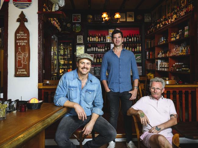 Dave Spanton (L) teamed up with hospitality veteran Michael Drescher (C) and architect Michael Delany (R) to refurbish Potts Point institution Cafe Hernandez into an aperitivo-delicatessen inspired Spanish bar called Vermuteria. Picture: Chris Pearce