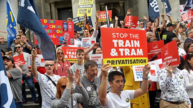 Protesters have rallied on the steps of Parliament House against the State Government’s plan to privatise operation of Adelaide’s train and tram network. Picture: Tom Huntley