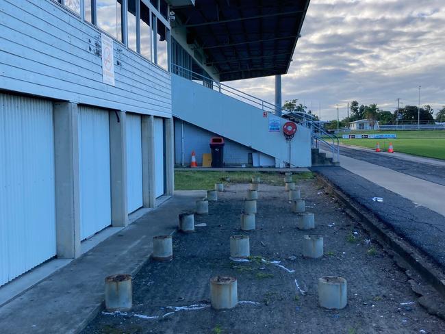 The wooden stumps are all that remain of the grandstand that stood in front of the broadcast box.