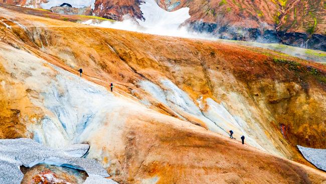 Climbing Landmannalaugar on the Laugavegur trek, Iceland.