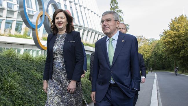 IOC President Thomas Bach Premier Annastacia Palaszczuk in Lausanne. Picture: Greg Martin/IOC