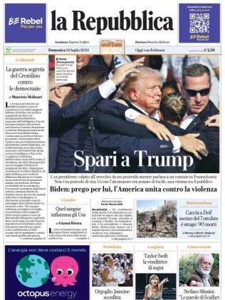 The front page of la Repubblica, Italy ,14 July 2024. Picture: Supplied.