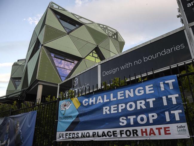 An anti-racism banner hangs on railings outside Headingley, the home of Yorkshire cricket, on Friday. Picture: AFP