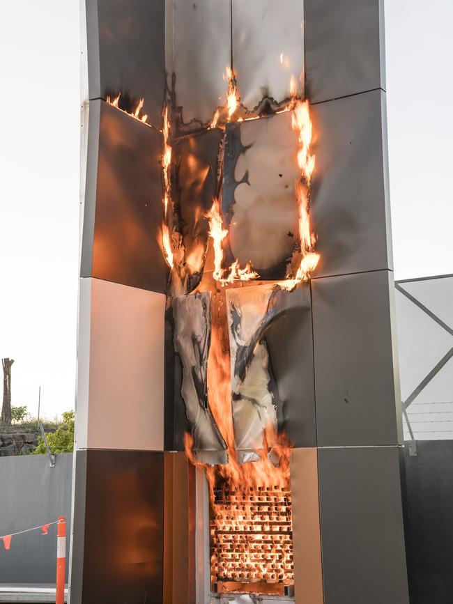 Cladding undergoing fire safety tests.