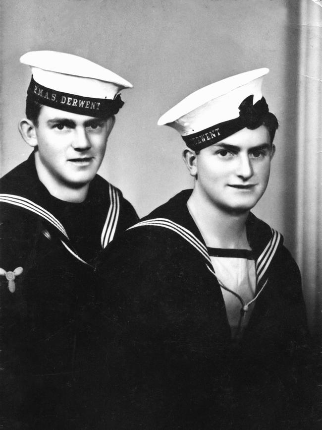 Studio portrait of the Sheean brothers H1646 Stoker Class II Thomas “Mick” Sheean (left) and H1617 Ordinary Seaman Edward “Teddy” Sheean.