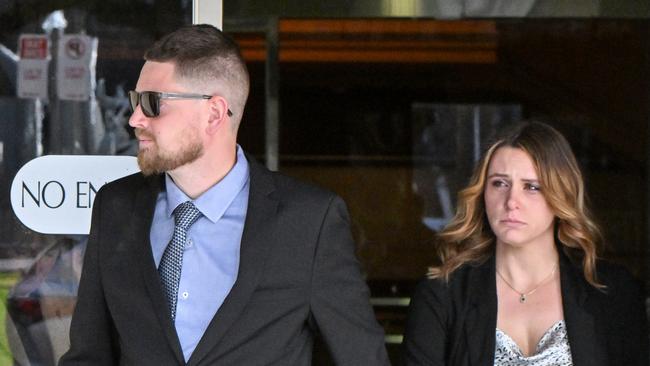 Scott Thornton leaves District Court with his partner. Picture: NCA NewsWire / Brenton Edwards