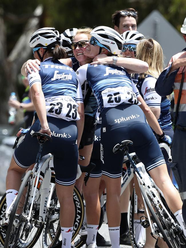 Stage 1 winner  Letizia Paternoster is mobbed by her Trek-Segafredo team mates after her win Picture: SARAH REED