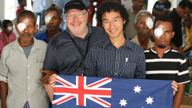 Optometrist Micheal Knipe and medical student Shaun Ewe, both of Hobart, spend Australia Day volunteering with the East Timor Eye Program in the Dili National Hospital. Picture: MATT NEWTON 