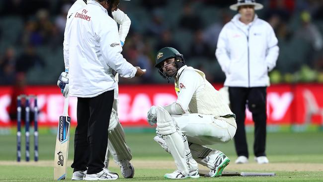 Nathan Lyon was struck in the groin toward the end of play on day three.