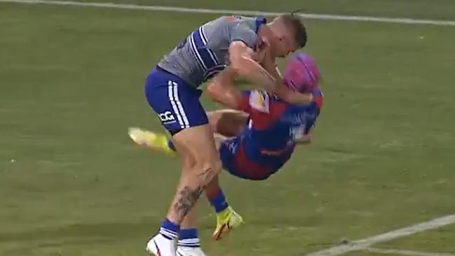 Kalyn Ponga was poleaxed by the rookie. Photo: Fox Sports