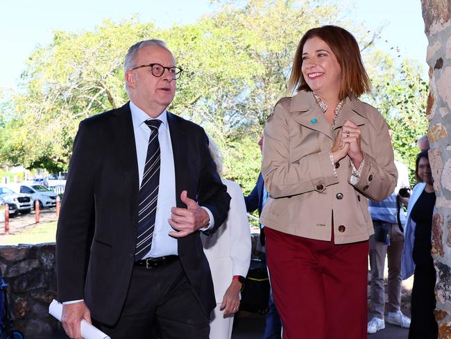 BRISBANE, AUSTRALIA - MAY 28, 2025:  Australian Prime Minister Anthony Albanese and Sports Minister Anika Wells during a press conference in Brisbane. Picture: Tertius Pickard