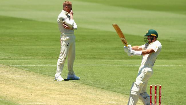 Ben Stokes reacts after beat pounded by Marnus Labuschange at the ’Gabba. Picture: Getty Images.