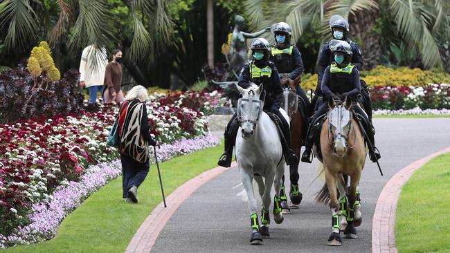 Mounted police patrol the area. Picture: Alex Coppel