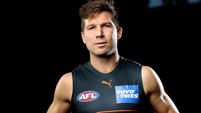 Toby Greene of the GWS Giants in the teams Never Surrender jumper which they will wear in the Sydney Derby this season when they take on the Swans on Saturday. Photo by Phil Hillyard