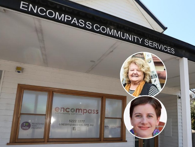 Encompass Community Serivce office at East Geelong. Inset: Encompass chief executive Elaine Robb, top, and board chair Alyson Miller.