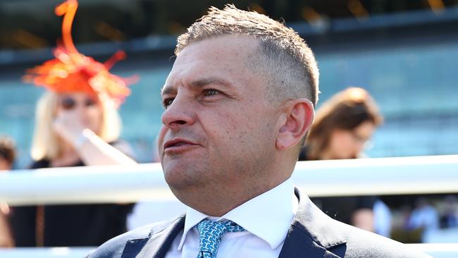 SYDNEY, AUSTRALIA - SEPTEMBER 30:  Trainer Paul Snowden celebrates after Tom Sherry riding Unspoken wins Race 4 Bisley Workwear  during TAB Epsom Day - Sydney Racing at Royal Randwick Racecourse on September 30, 2023 in Sydney, Australia. (Photo by Jeremy Ng/Getty Images)