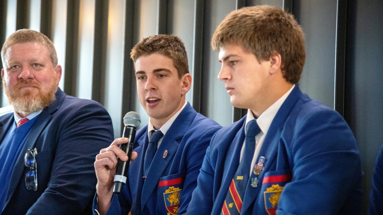 Sharing stories at the Downlands Long Lunch are from left; Head of Rugby at Downlands College, Garrick Morgan with co-captains Rhys Chadburn and Connor Day,