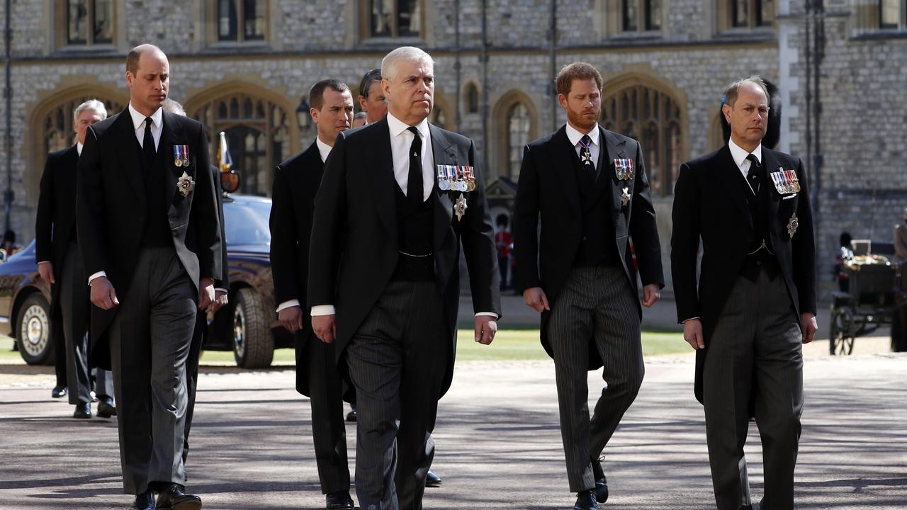 Prince William, Duke of Cambridge, Prince Andrew, Duke of York, Prince Harry, Duke of Sussex and Prince Edward, Earl of Wessex during the funeral of Prince Philip, Duke of Edinburgh at Windsor Castle on April 17 2021.