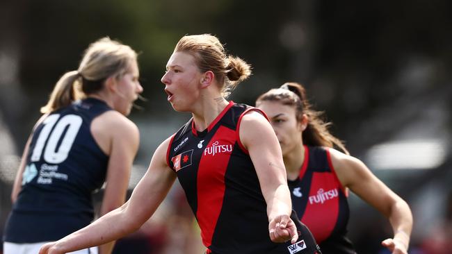 MELBOURNE . 03/09/2022. AFLW. Round 2. Essendon vs Carlton at North Port Oval.   Essendons Paige Scott celebrates a 1st quarter goal   . Picture by Michael Klein