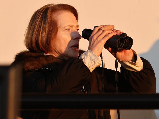 MELBOURNE. 26/10/2021. Flemington trackwork session on the course proper.   Trainer Gai Waterhouse watches on Flemington racecourse this morning    . Photo by Michael Klein