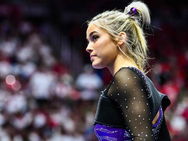 SALT LAKE CITY, UTAH - JANUARY 06: Olivia Dunne of LSU looks on during a PAC-12 meet against Utah at Jon M. Huntsman Center on January 06, 2023 in Salt Lake City, Utah.   Alex Goodlett/Getty Images/AFP (Photo by Alex Goodlett / GETTY IMAGES NORTH AMERICA / Getty Images via AFP)