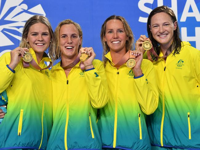 (L-R) Gold Medalists Shayna Jack, Bronte Campbell, Emma McKeon, Cate Campbell of Australia during the medal ceremony for the Women's 4 x 100m Freestyle Relay Final during the XXI Commonwealth Games at Gold Coast Aquatic Centre on the Gold Coast, Australia, Thursday, April 5, 2018. (AAP Image/Darren England) NO ARCHIVING, EDITORIAL USE ONLY