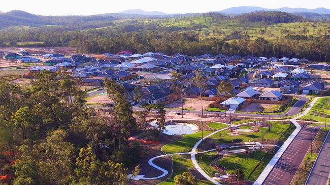 An aerial showing the new residential areas with some of the new regional park facilities in the foreground at Peet Limited’s Flagstone development.