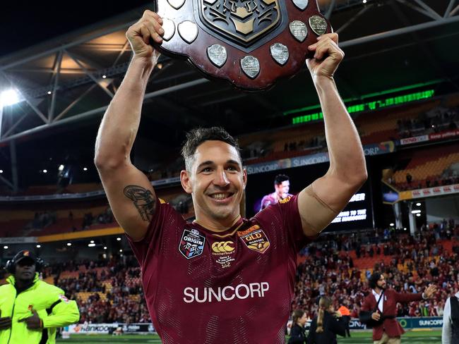 Billy Slater and Queensland celebrates winning the Origin decider between Queensland and NSW at Suncorp Stadium in Brisbane. Pics Adam Head