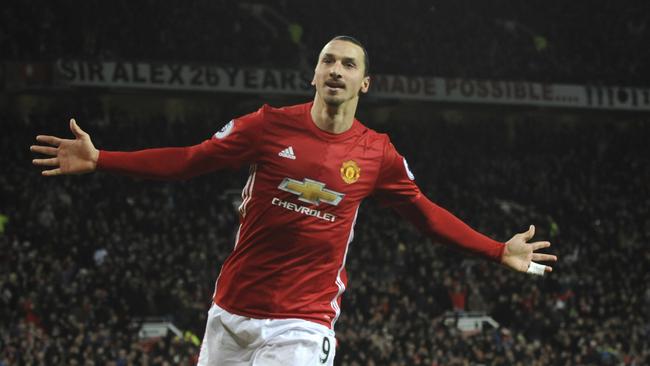 Manchester United's Zlatan Ibrahimovic, left, celebrates after scoring