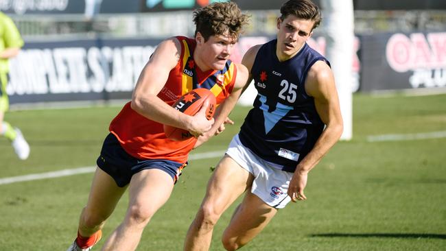 Harry Schoenberg illustrates his explosiveness for SA during this year’s AFL under-18 championships. Picture: Morgan Setta (AAP)