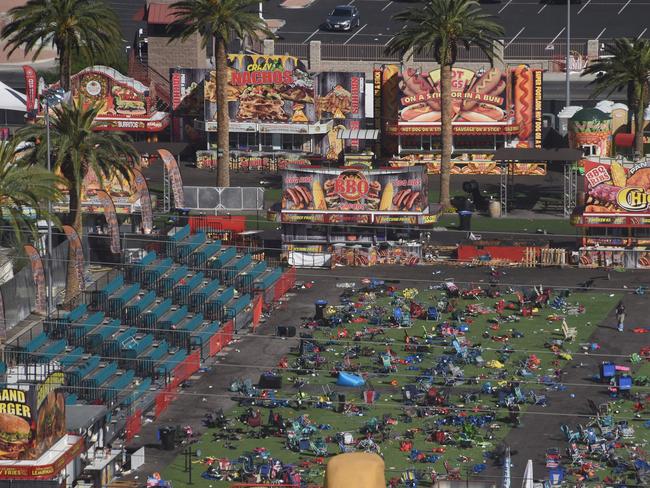 Personal belongings are gathered on the ground at the venue of the Route 91 Harvest Festival venue where FBI investigators continue work in the aftermath of the worst modern mass murder in US history in Las Vegas, Nevada. Picture: AFP