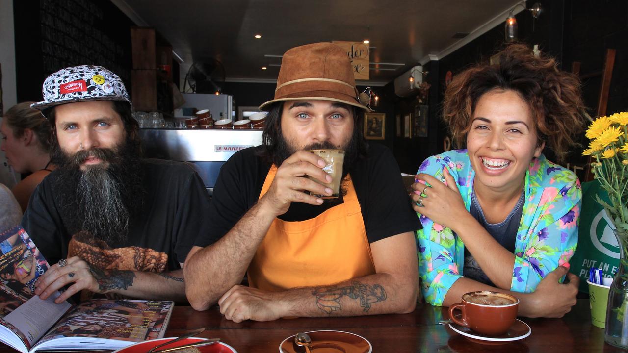 Sebastien Fougere and owners Jonny and Esther Bundellu from Pocket Espresso Bar at Moffat Beach are excited to offer takeaway during the latest lockdown. Picture: Brett Wortman