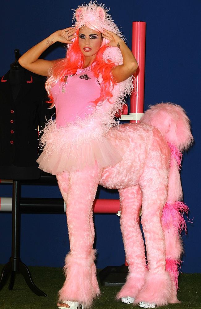 Dressed up as a pink horse, of course, to launch KP Equestrian at The Worx Studios. Picture: Fred Duval/Getty Images)