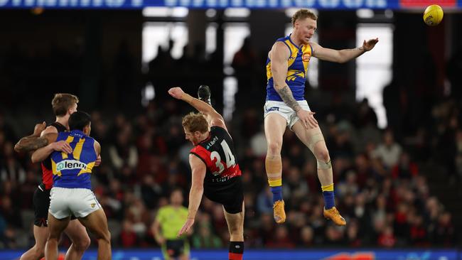 Eagle Bailey Williams and Bomber ruckman Andrew Phillips compete on Saturday. Picture: Robert Cianflone/Getty Images